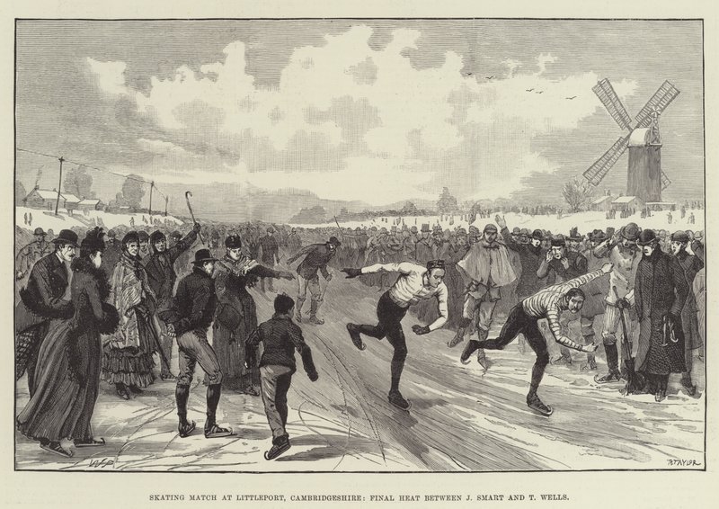 Competencia de patinaje en Littleport, Cambridgeshire, última ronda entre J Smart y T Wells de Walter Paget