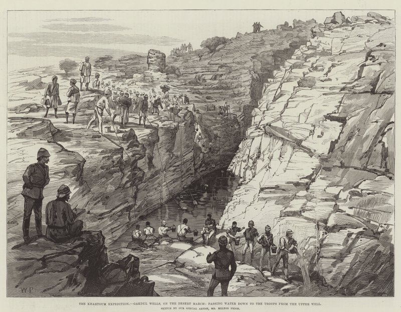 La expedición de Jartum, Gakdul Wells, en la marcha por el desierto, pasando agua a las tropas desde el pozo superior de Walter Paget