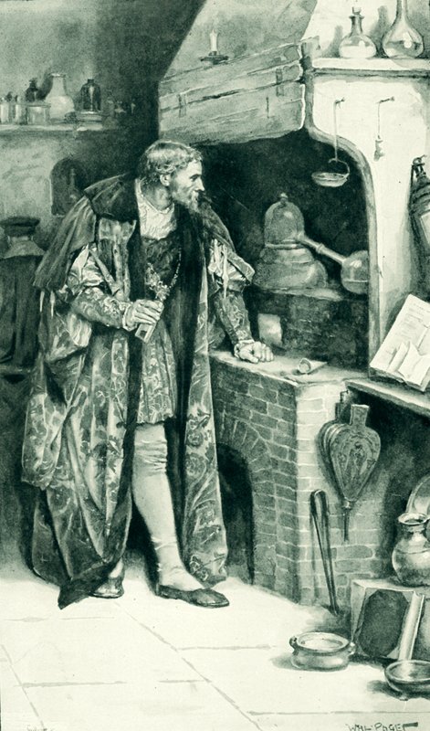 Jacobo IV como alquimista en su laboratorio de Walter Stanley Paget