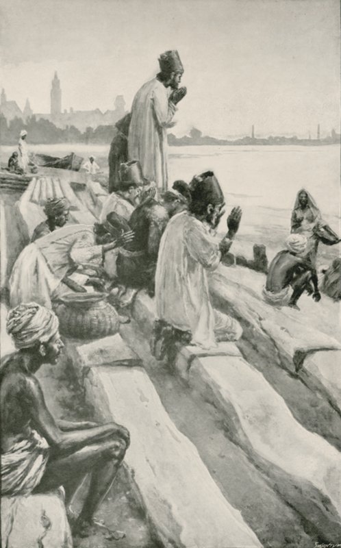 Parsis adorando el sol naciente en la playa de Bombay de Walter Stanley Paget