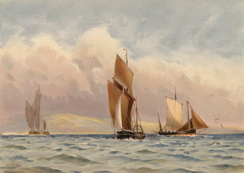 Luggers de Boulogne en la costa francesa (litografía en color) de Walter William May