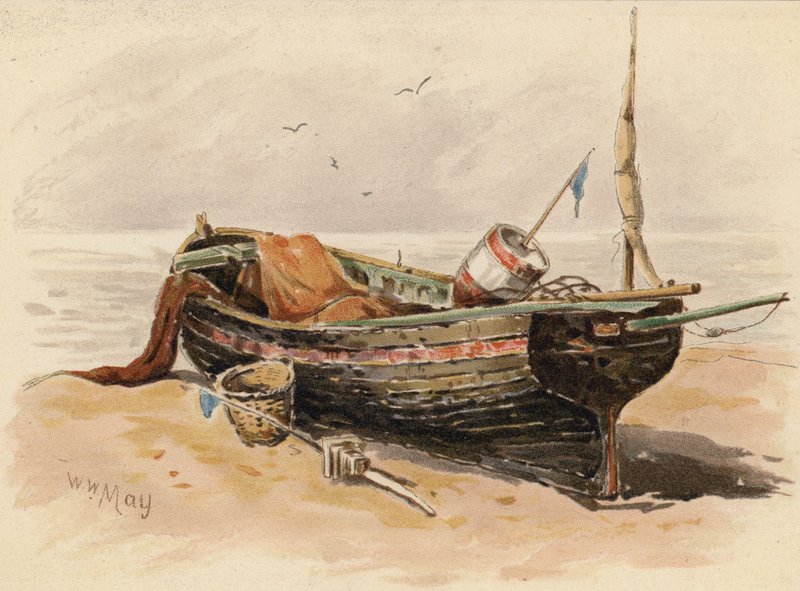 Lugger de pesca francés (litografía en color) de Walter William May