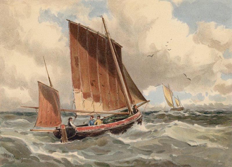 Lugger francés en alta mar (litografía en color) de Walter William May