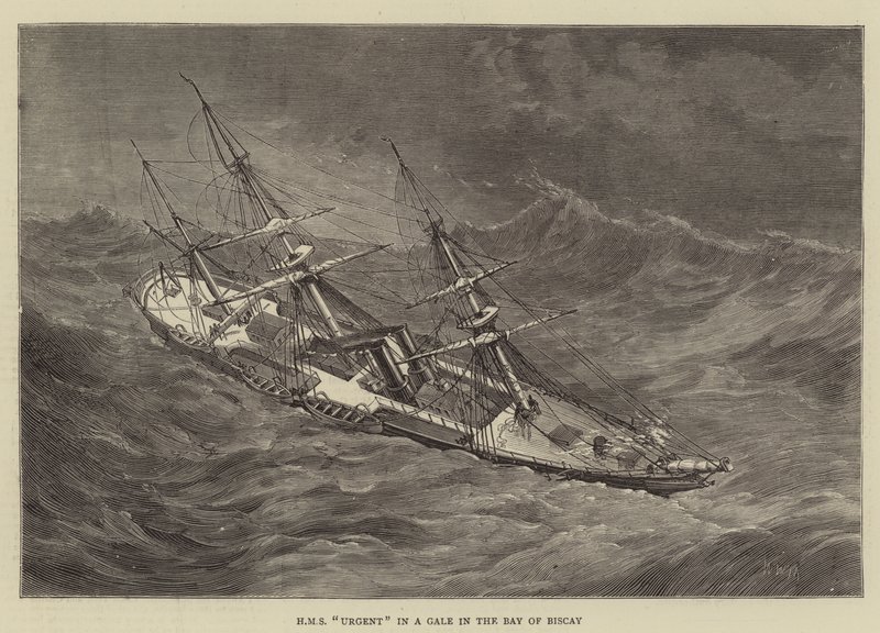 HMS Urgent en una tormenta en la Bahía de Vizcaya de Walter William May