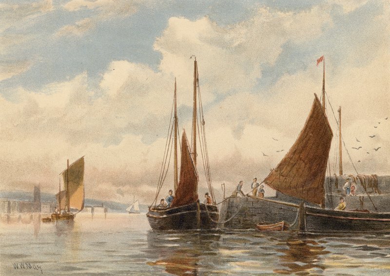Penzance Luggers en Newlyn (litografía en color) de Walter William May