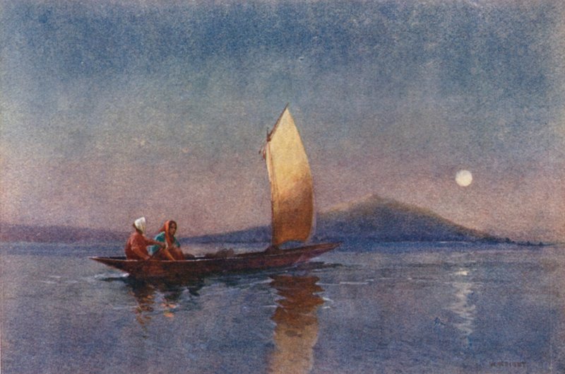 Nueva Zelanda: Atardecer en el lago Roto-rua (litografía en color) de Walter Wright