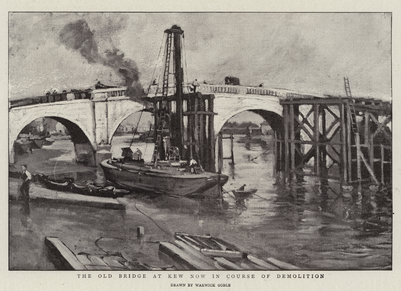 El viejo puente en Kew ahora en proceso de demolición de Warwick Goble