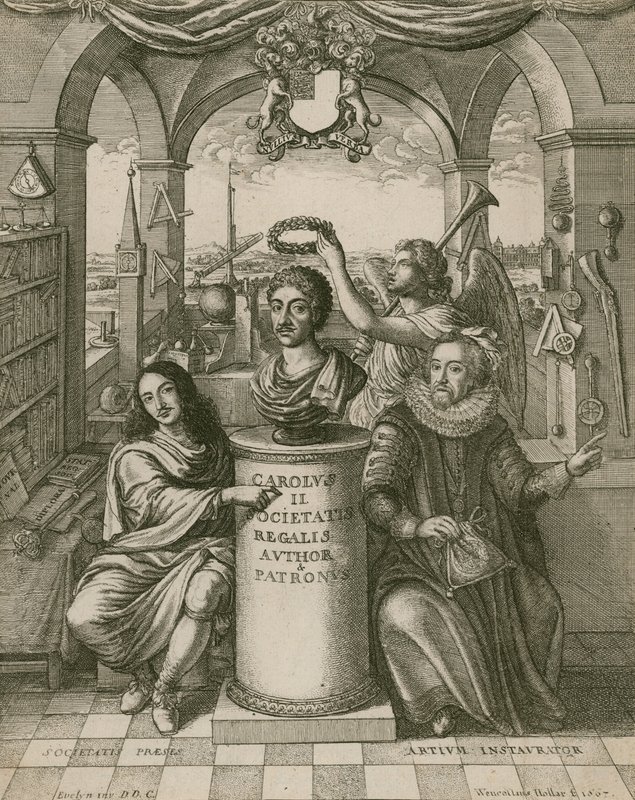 Busto de Carlos II, con Lord Brouncker (izquierda), el primer presidente de la Royal Society, y Francis Bacon (derecha) de Wenceslaus Hollar