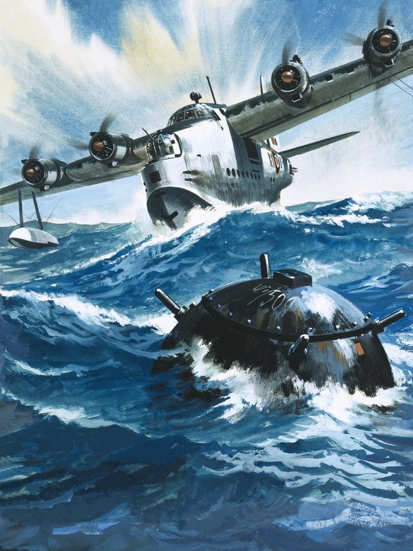 Cuando el oficial de vuelo G.O. Singleton encendió el motor del Short Sunderland, vio una mina a la deriva... de Wilf (20th century) Hardy
