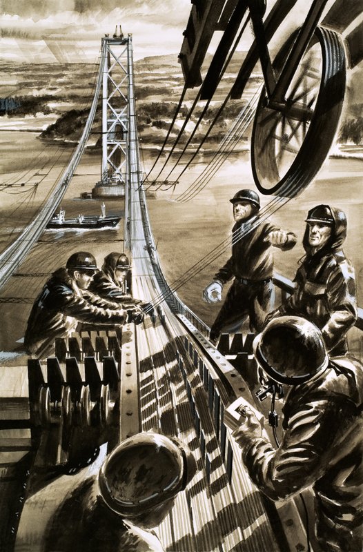 Construcción del puente sobre el estuario del Forth (gouache sobre papel) de Wilf (20th century) Hardy