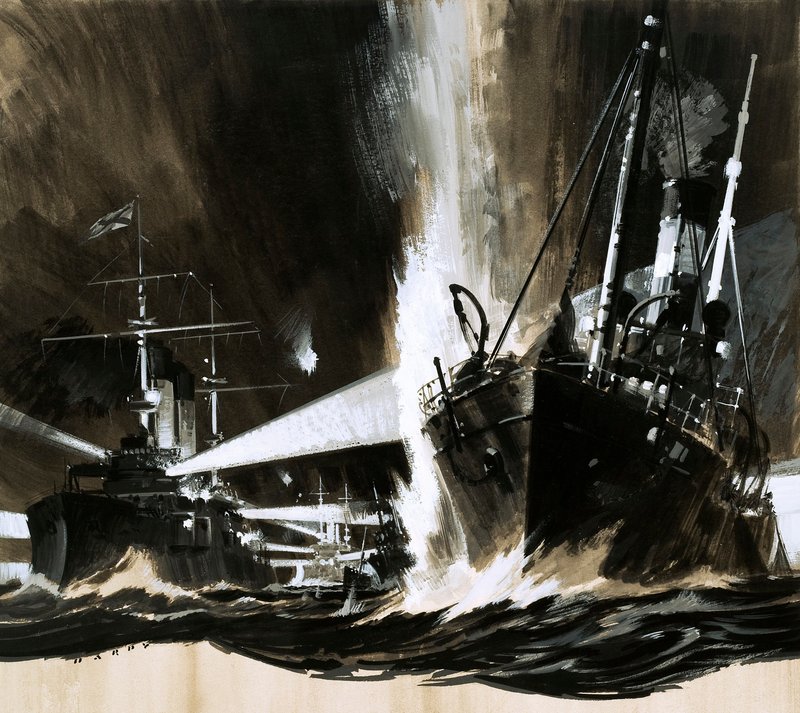 Hombres y máquinas: El espía que inició una batalla (gouache sobre papel) de Wilf (20th century) Hardy