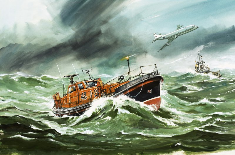 El bote salvavidas Oakley del RNLI, de 15 metros de eslora, de camino a un barco en apuros. de Wilf (20th century) Hardy
