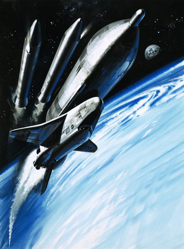 El transbordador espacial en el momento de desprenderse de dos de sus motores cohete. de Wilf (20th century) Hardy