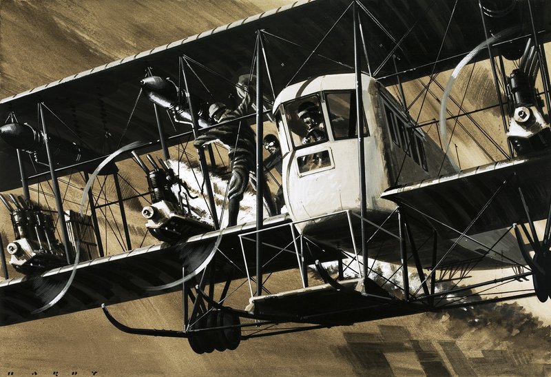 Dos tripulantes entre los cables y puntales de un bombardero Ilia Mourometz II apagando un incendio en el motor. de Wilf (20th century) Hardy