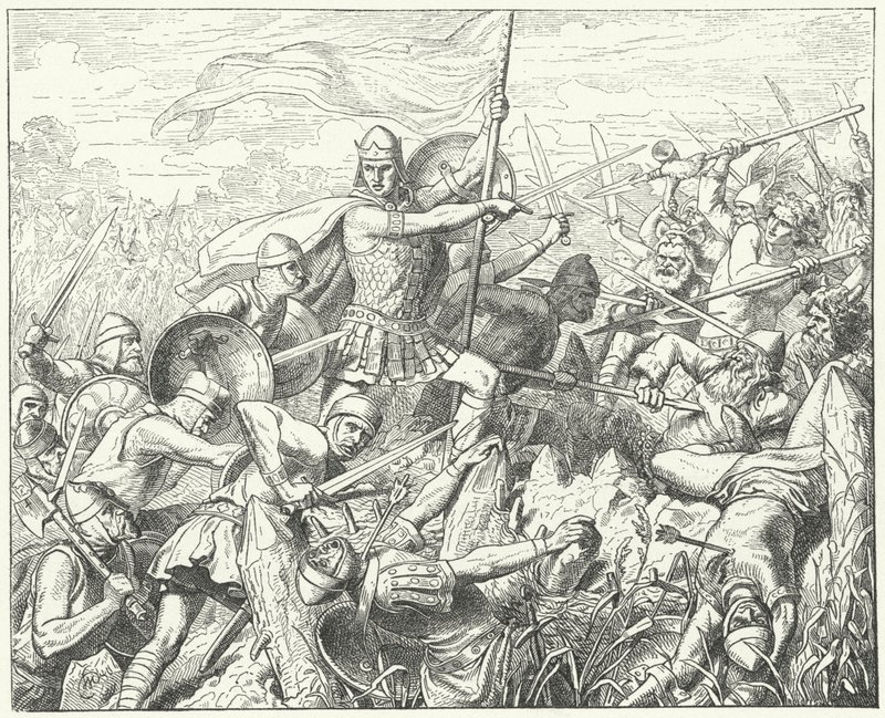 Arnulfo de Carintia asaltando las defensas normandas en el río Dyle, 891 de Wilhelm Camphausen