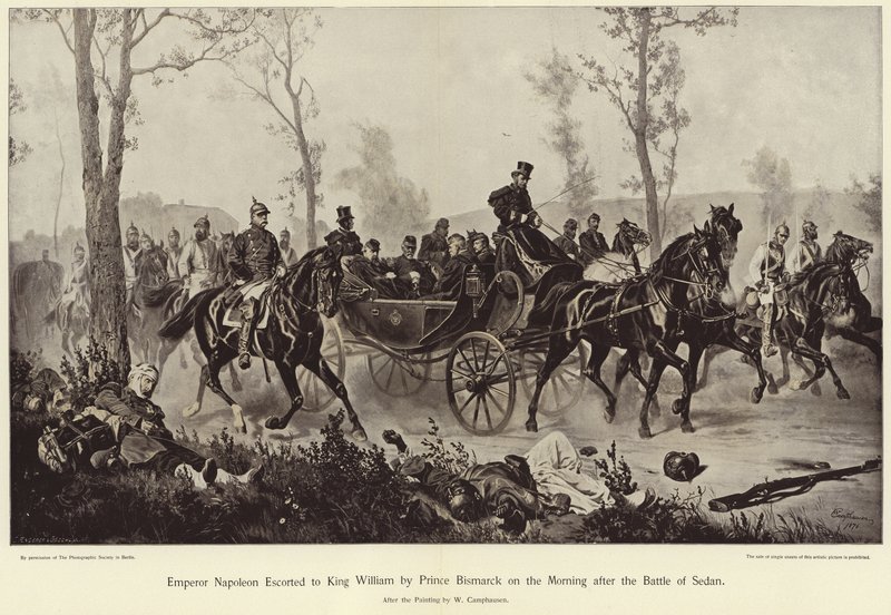 El emperador Napoleón escoltado al rey Guillermo por el príncipe Bismarck la mañana después de la batalla de Sedán de Wilhelm Camphausen