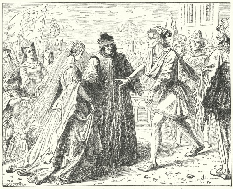 El emperador del Sacro Imperio Romano Federico III encontrándose con su prometida, Leonor de Portugal, en Siena de Wilhelm Camphausen