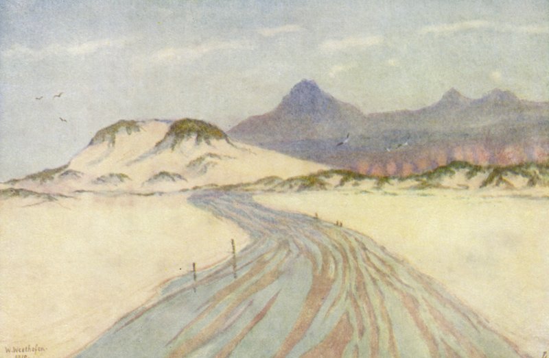 En la playa de Fish Hoek, montañas de Nord Hoek a lo lejos (litografía en color) de Wilhelm Westhofen