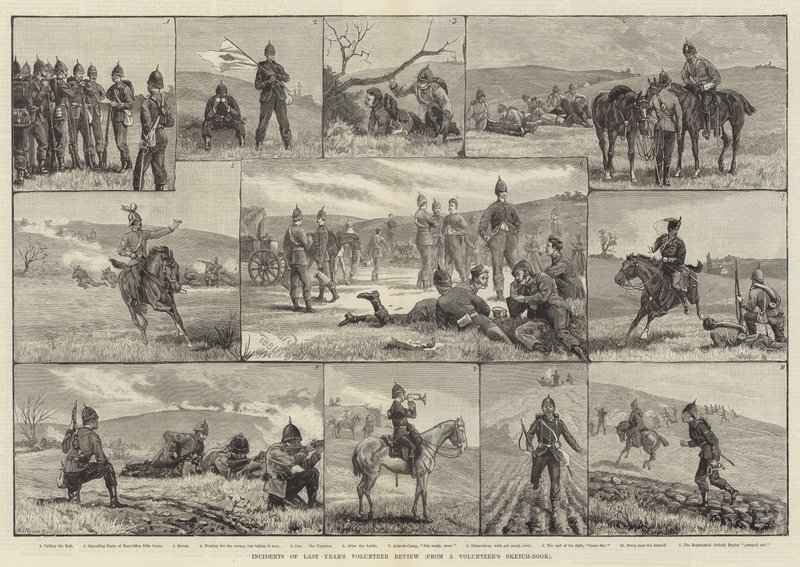 Incidentes de la revisión de voluntarios del año pasado, de un cuaderno de bocetos de un voluntario de William Barnes Wollen