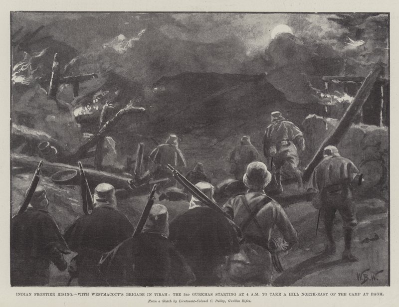 Levantamiento en la Frontera India, con la Brigada de Westmacott en Tirah, los 3º Gurkhas partiendo a las 4 AM para tomar una Colina al Noreste del Campamento en Bagh de William Barnes Wollen