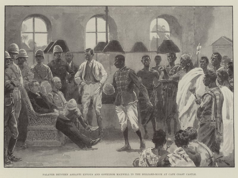 Palaver entre enviados Ashanti y el gobernador Maxwell en la sala de billar en el Castillo de Cape Coast de William Barnes Wollen