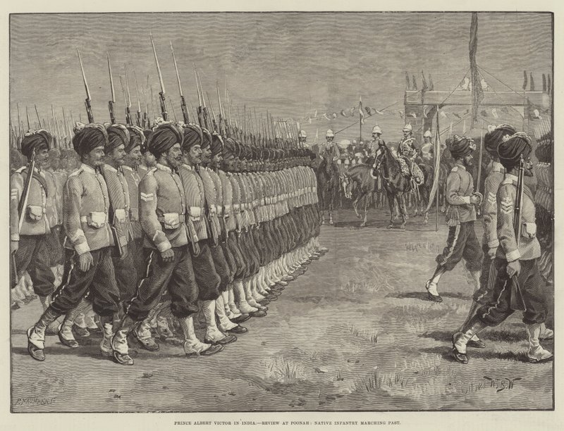 El príncipe Alberto Víctor en India, revisión en Poonah, infantería nativa desfilando de William Barnes Wollen