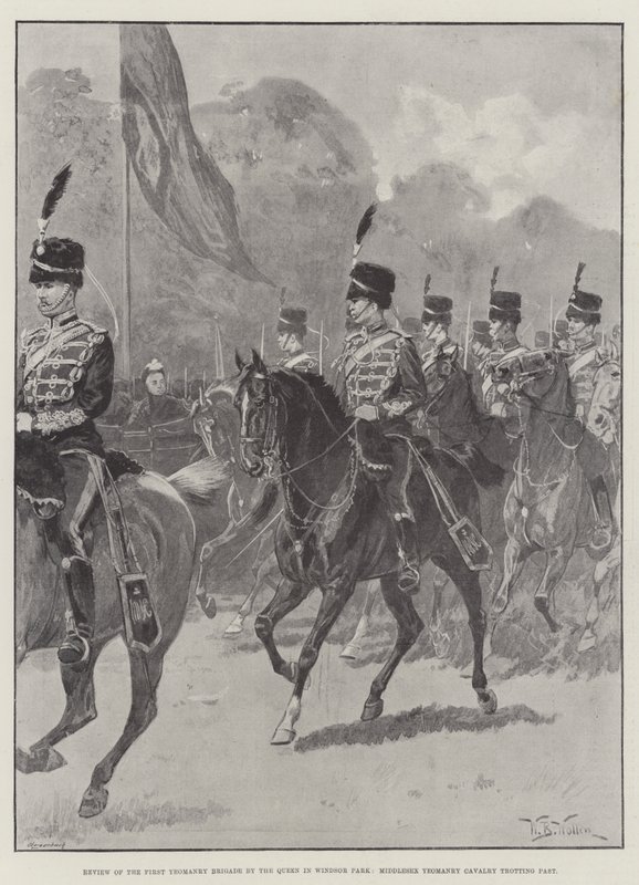 Revisión de la Primera Brigada de Yeomanry por la Reina en Windsor Park, Caballería de Yeomanry de Middlesex pasando al trote de William Barnes Wollen