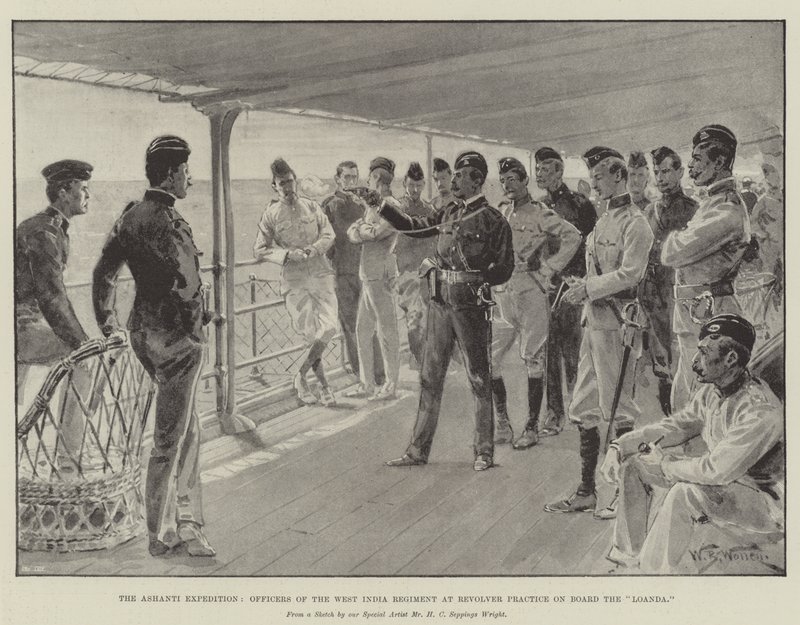 La expedición Ashanti, oficiales del Regimiento de las Indias Occidentales en práctica de revólver a bordo del Loanda de William Barnes Wollen