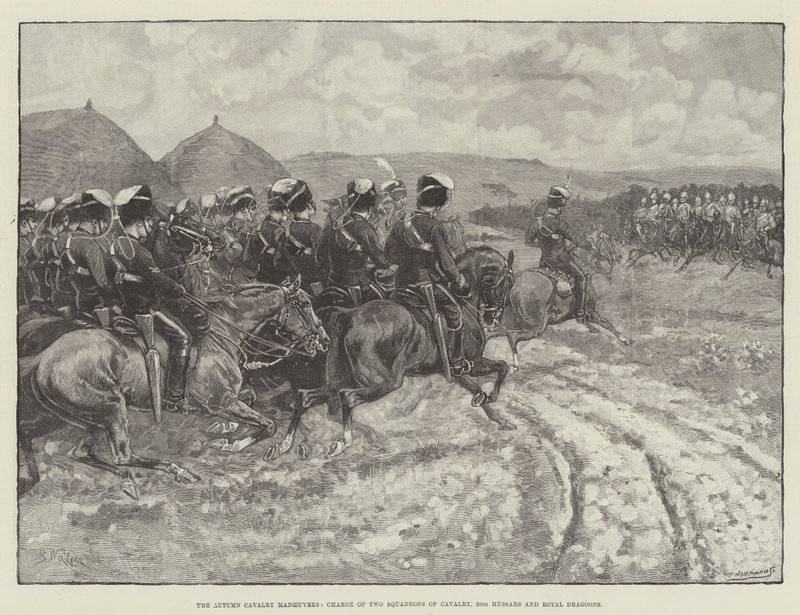 Las maniobras de caballería de otoño, carga de dos escuadrones de caballería, 20º Húsares y Dragones Reales de William Barnes Wollen