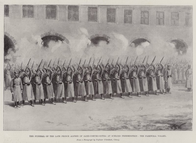 El funeral del difunto príncipe Alfredo de Sajonia-Coburgo-Gotha en Schloss Friedenstein, la salva de despedida de William Barnes Wollen