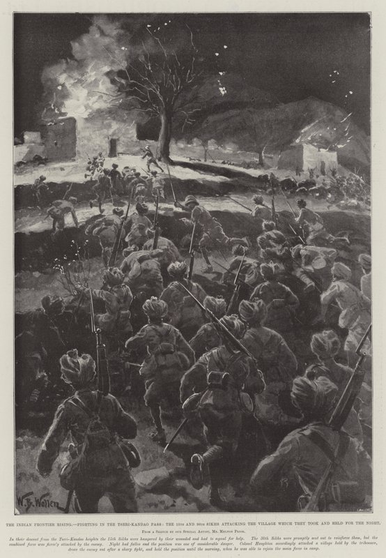 El levantamiento de la frontera india, combates en el paso de Tseri-Kandao, los sijs 15 y 36 atacando el pueblo que tomaron y mantuvieron durante la noche de William Barnes Wollen