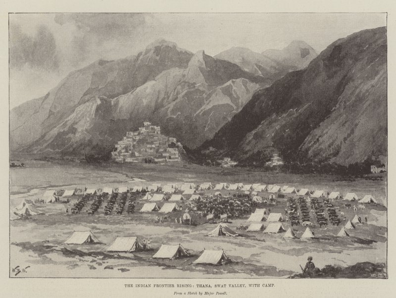 El levantamiento de la frontera india, Thana, Valle de Swat, con campamento de William Barnes Wollen