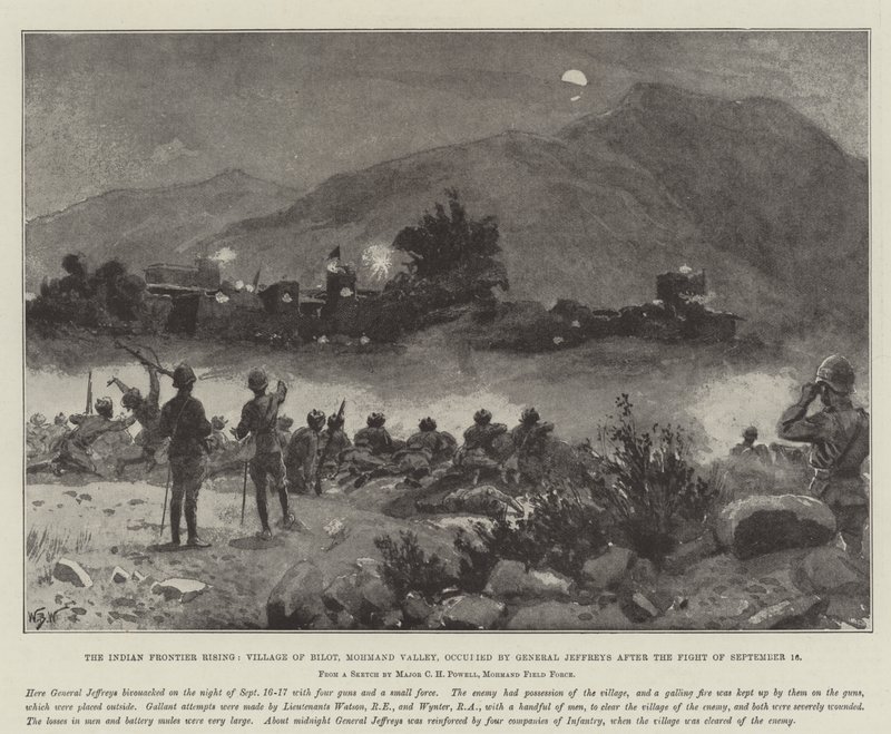 El Levantamiento de la Frontera India, Pueblo de Bilot, Valle de Mohmand, ocupado por el General Jeffreys después de la Batalla del 16 de septiembre de William Barnes Wollen