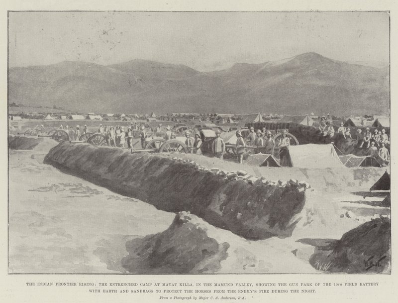 El Levantamiento en la Frontera India, el Campamento Atrincherado en Mayat Killa, en el Valle de Mamund, mostrando el Parque de Artillería de la 10ª Batería de Campo con Tierra y Sacos de Arena para proteger a los Caballos del Fuego del Enemigo de William Barnes Wollen