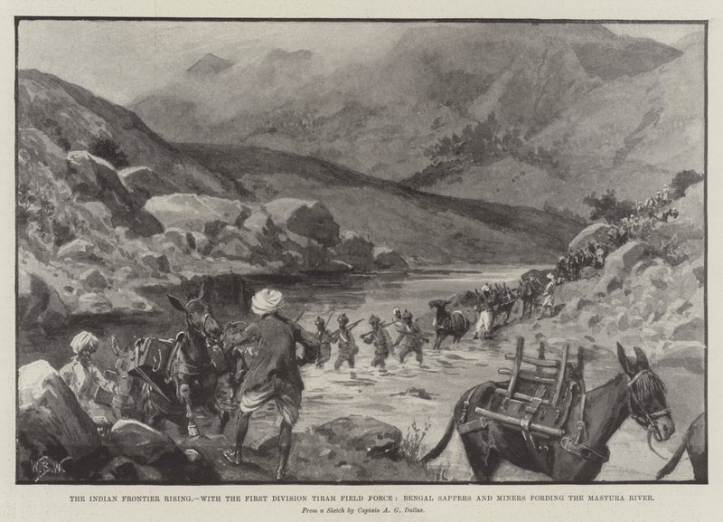 El Levantamiento de la Frontera India, con la Primera División de la Fuerza de Campo de Tirah, Zapadores y Mineros de Bengala cruzando el Río Mastura de William Barnes Wollen