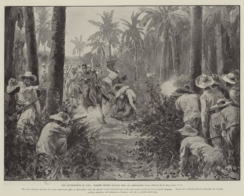 La insurrección en Cuba, tropas españolas cayendo en una emboscada de William Barnes Wollen