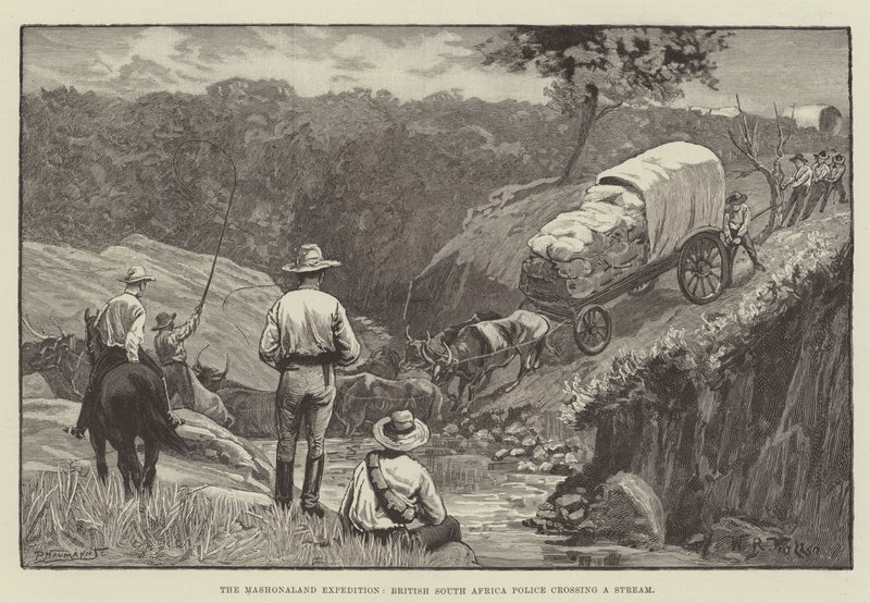 La Expedición de Mashonaland, Policía de África del Sur Británica cruzando un Arroyo de William Barnes Wollen