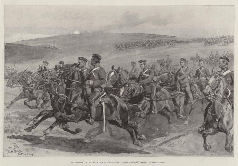 Las maniobras militares en Wilts y Dorset, artillería del cuerpo galopando hacia la acción de William Barnes Wollen