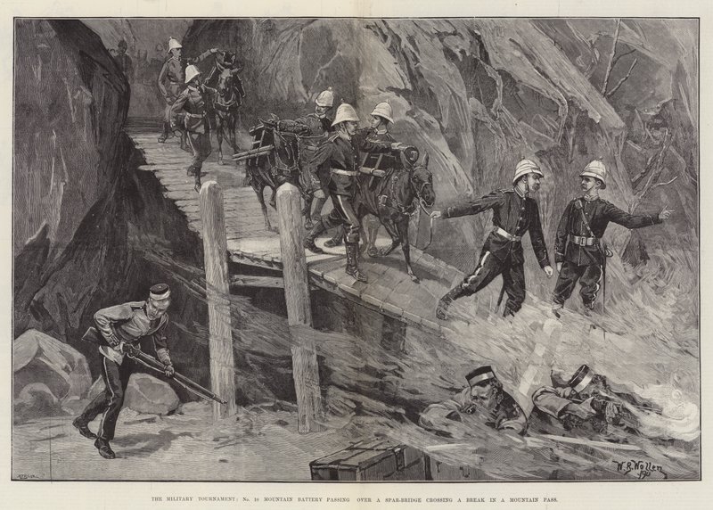 El torneo militar, No 10 Batería de Montaña pasando sobre un puente de vigas cruzando una brecha en un paso de montaña de William Barnes Wollen