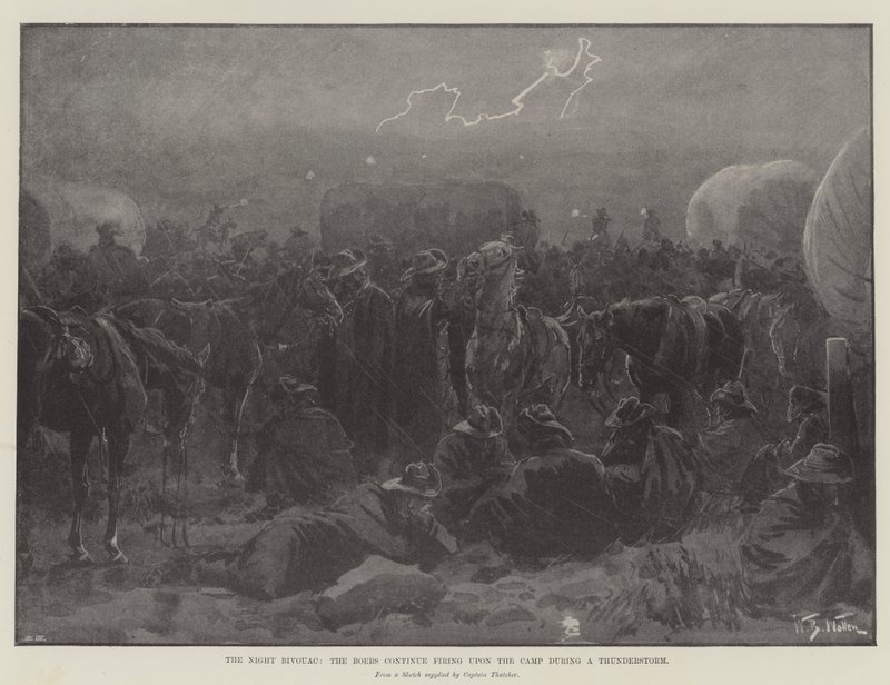 El vivac nocturno, los bóers continúan disparando sobre el campamento durante una tormenta de William Barnes Wollen