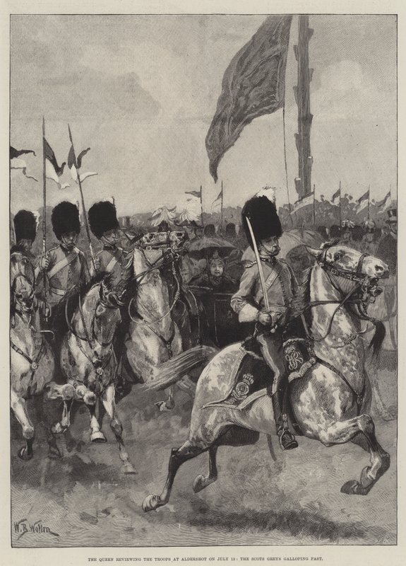 La Reina revisando las tropas en Aldershot el 13 de julio, los Scots Greys galopando de William Barnes Wollen