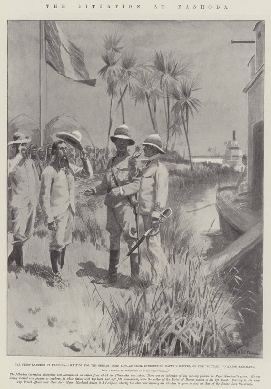 La situación en Fashoda, el primer desembarco en Fashoda, esperando al Sirdar, Lord Edward Cecil presentando al Capitán Keppel, del Sultán, al Mayor Marchand de William Barnes Wollen