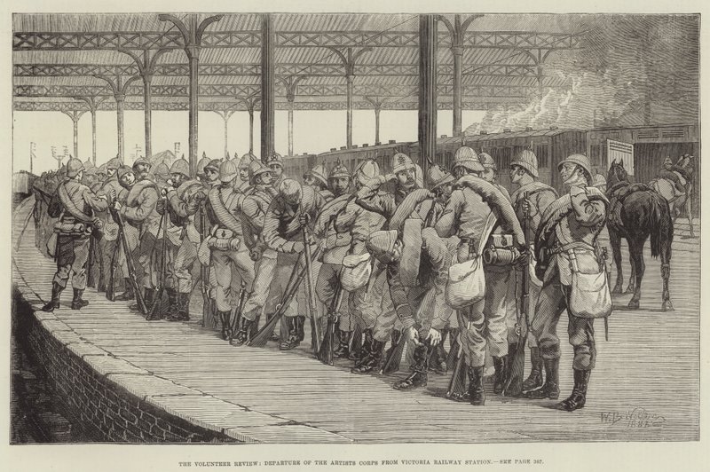 Revisión de voluntarios, salida del Cuerpo de Artistas de la estación de tren Victoria de William Barnes Wollen