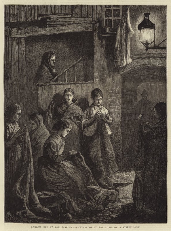 Vida en Londres en el East End, Fabricación de Sacos a la Luz de una Lámpara de Calle de William Bazett Murray