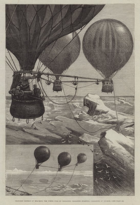 Método propuesto para alcanzar el Polo Norte en globos, globos despegando, globos anclados de William Bazett Murray