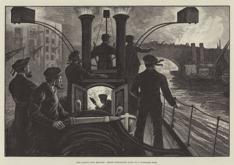 El Cuerpo de Bomberos de Londres, Máquina de Bomberos a Vapor yendo a un Incendio en la Ribera de William Bazett Murray