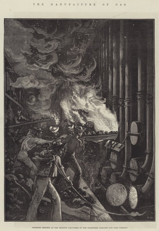 La fabricación de gas, cargando retortas en las fábricas de gas de Beckton de la Chartered Gaslight and Coke Company de William Bazett Murray