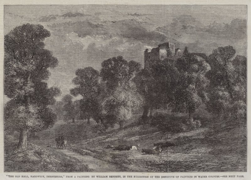 El viejo salón, Hardwick, Derbyshire, en la exposición del Instituto de Pintores en Acuarelas de William James Bennett