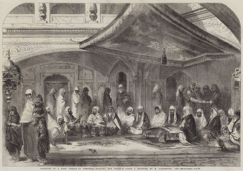 Interior de un templo sij en Umritzir, leyendo el Grunt