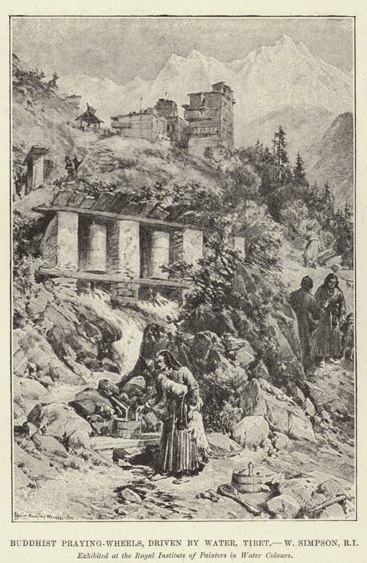 Ruedas de oración budistas, impulsadas por agua, Tíbet de William Crimea Simpson